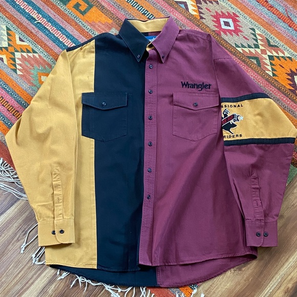 90s Wrangler Men's Colorblock Shirt - Black Brown and Burgundy